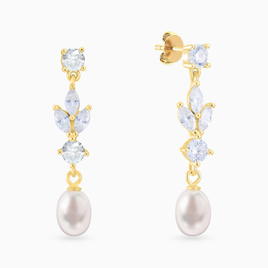 Leaves Cubic Zirconia & Pearl Drop Earrings in Yellow Gold Plating - GE02526A