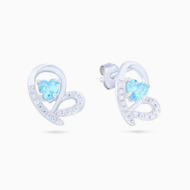 Heart Aqua Blue Stone Sterling Silver Stud Earrings - GE14719A