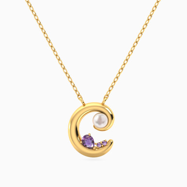 Crescent Pearl & Purple Stone Necklace in 18K Gold - 21046111226