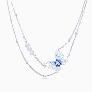 Butterfly Pearl & Enamel Coated Layered Necklace In Sterling Silver - GN14857A