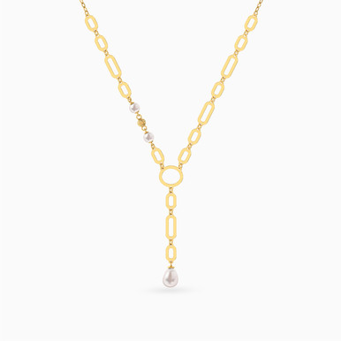 Geometric Chain Pearl Lariat Necklace In 18K Gold - 21046030375