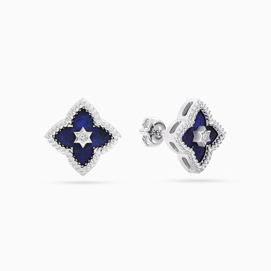 Quatrefoil Flower Blue Stone & Lab Grown Diamonds Sterling Silver Stud Earrings - MSE01189