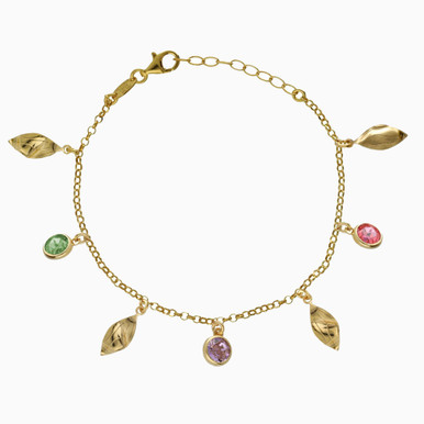 Leaf Charms Colored Stones Gold Plated Chain Bracelet - A5269-MDP