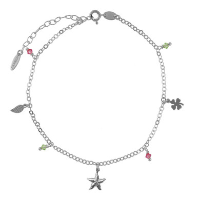 Starfish & Clover Colored Stones Sterling Silver Chain Anklet - A4843-MHB