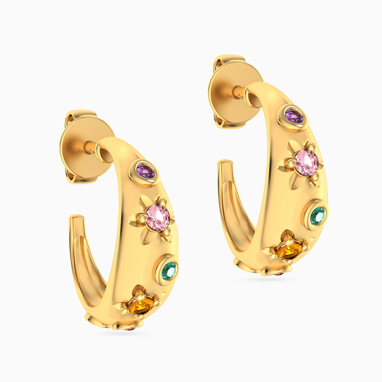 18K Gold Colored Stones Hoop Earrings