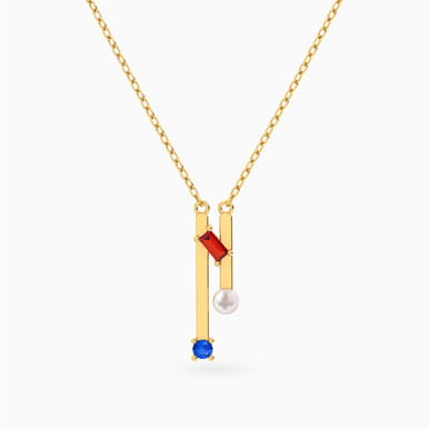 Two Vertical Bars Colored Stones & Pearl Necklace in 18K Gold - 111406180092