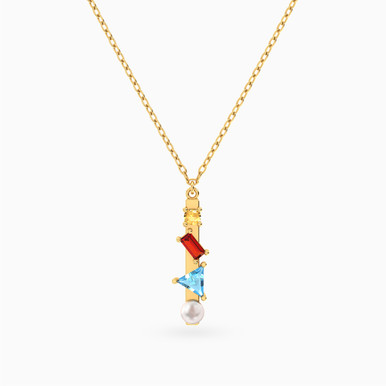 Vertical Bar Colored Stones & Pearl Necklace in 18K Gold - 111406180099
