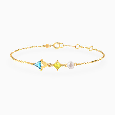 Geometric Design Colored Stones & Pearl Chain Bracelet in 18K Gold - 111306180055