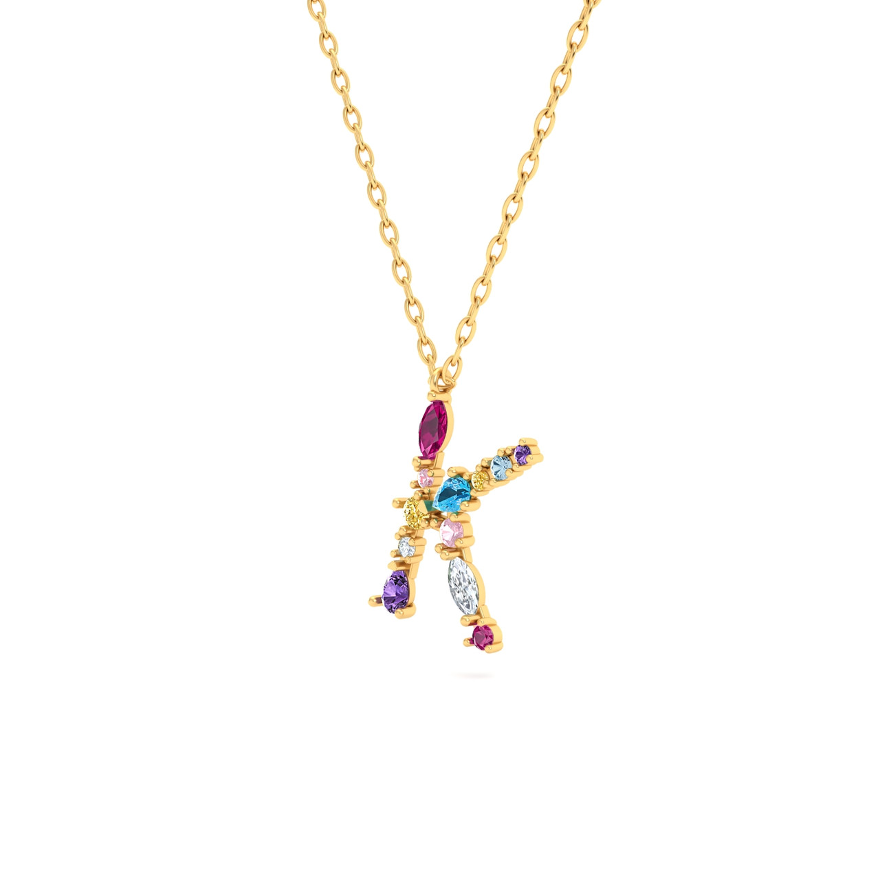 Letter KColored Stones Pendant with 18K Gold Chain