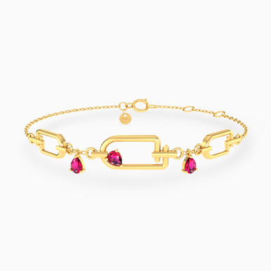 Row of Paperclip Dropped Red Stones Chain Bracelet in 18K Gold - 21047110331