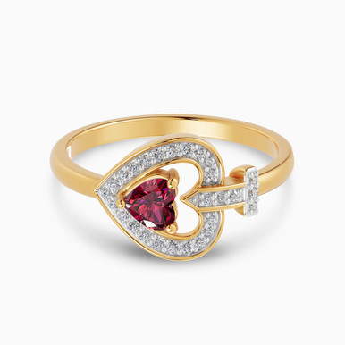 Heart Frame Red Stone Diamond Ring in 18K Gold - AJR06408