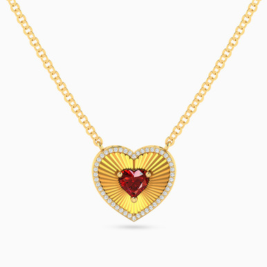 Texutred Heart Red Stone Diamond Necklace in 18K Gold - ENE50032