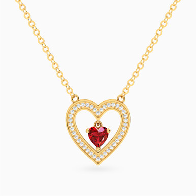 Heart Halo Red Stone Diamond Necklace in 18K Gold - ENE50029 Heart Halo Red Stone Diamond Necklace in 18K Gold - ENE50029