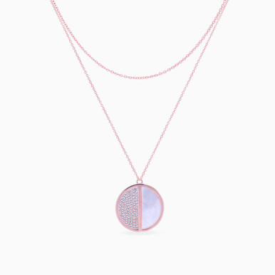 Circle Cubic Zirconia & Pearl Layered Necklace in Rose Gold Plating - NE190