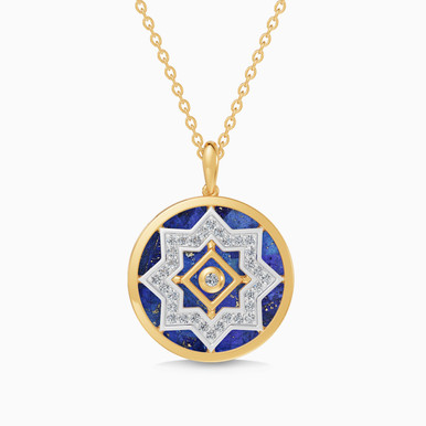 Ramadan Round & Star Blue Lapis Diamond Necklace in 18K Gold - SAP06331