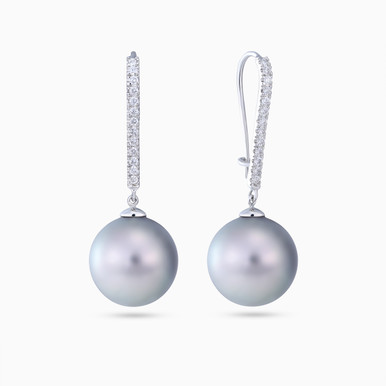 Vertical Setting Black Pearl Diamond Drop Earrings 18K Gold - LEA00073