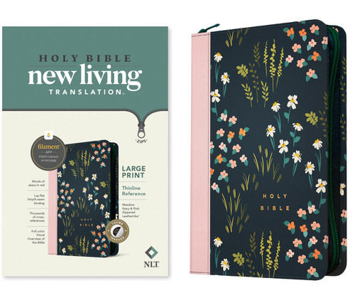 NLT Large Print Thinline Reference Zipper Bible, Filament Enabled (LeatherLike, Meadow Navy & Pink , Indexed, Red Letter) by New Living Translation, Tyndale, 9781496466280