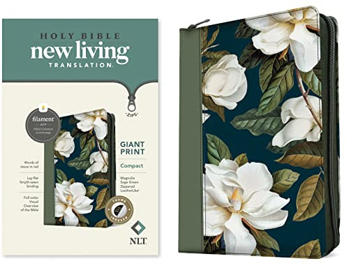 NLT Compact Giant Print Zipper Bible, Filament Enabled (LeatherLike, Magnolia Sage Green, Indexed, Red Letter) by New Living Translation, Tyndale, 9781496480132