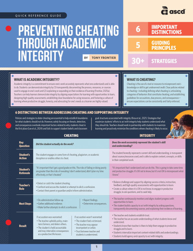 Preventing Cheating Through Academic Integrity (Quick Reference Guide) by Tony Frontier, 9781416634454