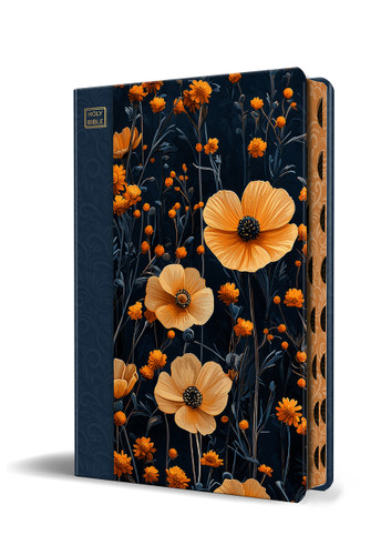 KJV Holy Bible, Large Print Handy Size format, Hardcover, Dark Blue and Orange flower, page edge design, Thumb Index, Ribbon Marker, and Red Letter by KING JAMES VERSION, 9798890985392