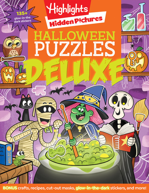 Halloween Puzzles Deluxe (Halloween Activity Book for Kids, 135 Glow-in-the-Dark Stickers, 96-pages of Mazes, Puzzles with Halloween Crafts & Recipes) by Highlights, 9781644728420