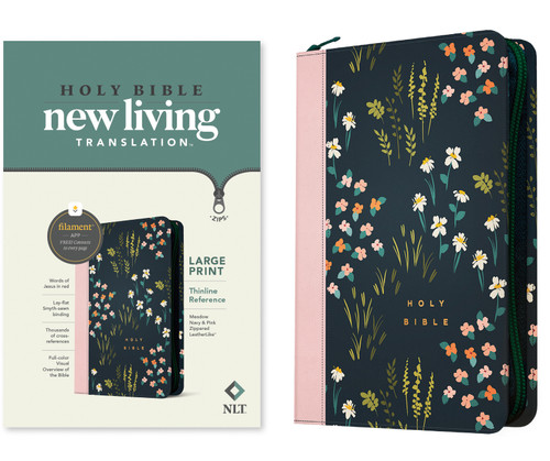 NLT Large Print Thinline Reference Zipper Bible, Filament Enabled (LeatherLike, Meadow Navy & Pink , Red Letter) by New Living Translation, Tyndale, 9781496466259