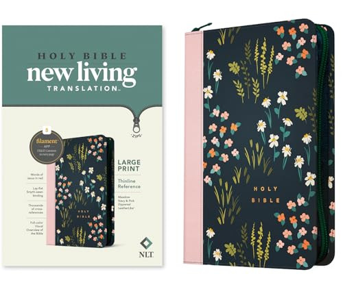 NLT Large Print Thinline Reference Zipper Bible, Filament Enabled (LeatherLike, Meadow Navy & Pink , Red Letter) by New Living Translation, Tyndale, 9781496466259