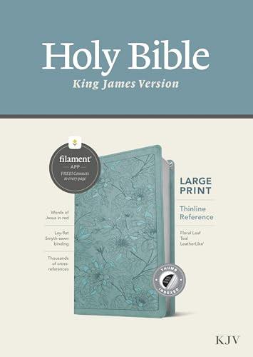 KJV Large Print Thinline Reference Bible, Filament Enabled (LeatherLike, Floral Leaf Teal, Indexed, Red Letter) by Tyndale, 9781496460868