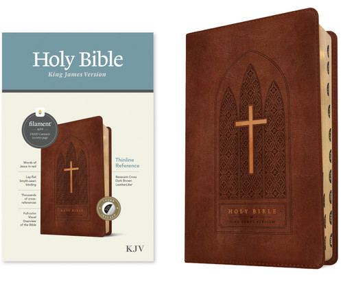 KJV Thinline Reference Bible, Filament Enabled (LeatherLike, Reverent Cross Dark Brown, Indexed, Red Letter) by Tyndale, 9781496460509