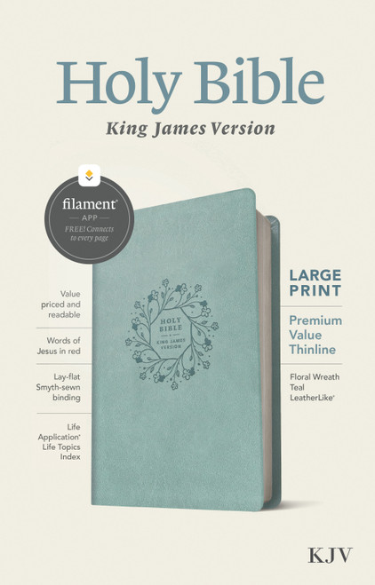KJV Large Print Premium Value Thinline Bible, Filament Enabled (LeatherLike, Floral Wreath Teal, Red Letter) by Tyndale, 9781496460554