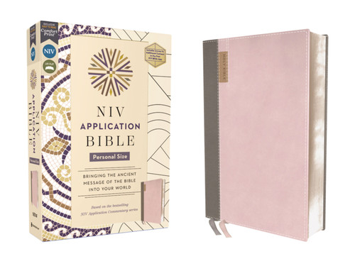 NIV Application Bible, Personal Size, Leathersoft, Pink/Gray, Red Letter, Comfort Print (Bringing the Ancient Message of the Bible into Your World), 9780310465263