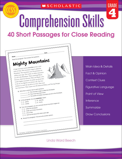 Comprehension Skills: 40 Short Passages for Close Reading: Grade 4 by Linda Beech, 9780545460552