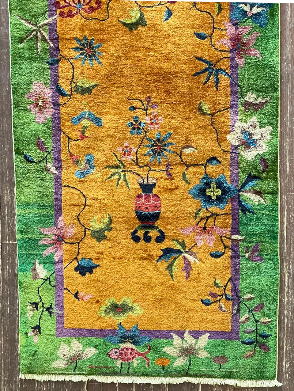 Antique Art Deco Chinese Oriental Rug, Gold 2'11