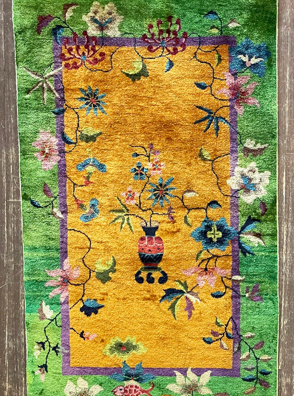 Antique Art Deco Chinese Oriental Rug, Gold 2'11