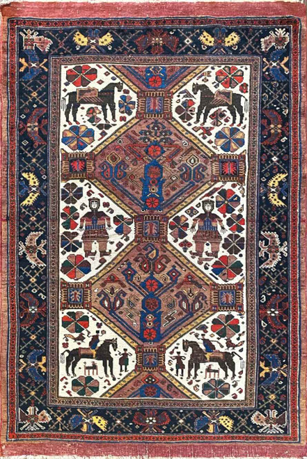 Vertical, top facing image of antique Persian Afshar rug, showing the pictorial pattern with People, horses in various colors of brown, white and other.