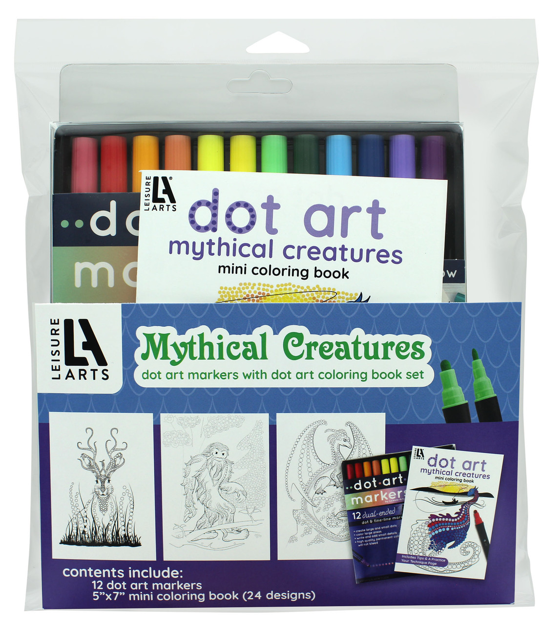 Leisure Arts Dot Art Mini Coloring Book 5x 7 Mythical With Markers 13pc -  Leisure Arts