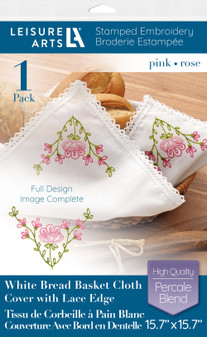 Leisure Arts Stamped Bread Basket Cloth Cover With Lace Edge White 15.7" Pink