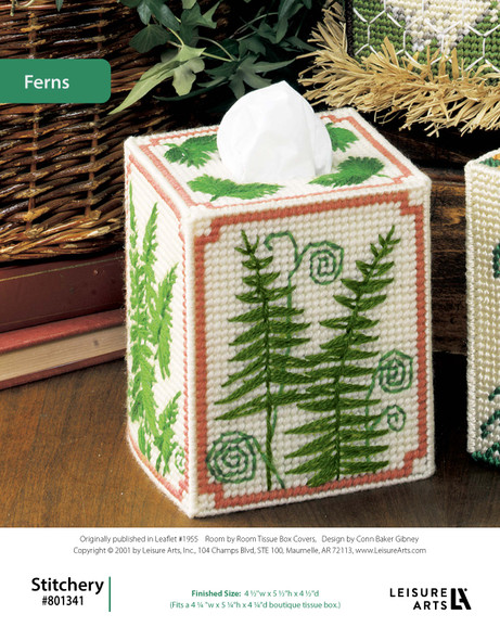 Leisure Arts Room By Room Tissue Box Cover Ferns Plastic Canvas ePattern