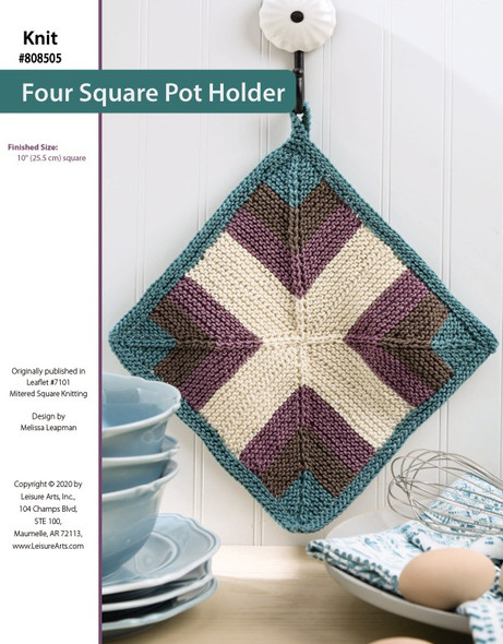 Four Square Knit Potholder originally published in Leaflet #7101 Mitered Square Knitting, design by Melissa Leapman.