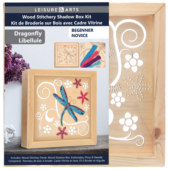 Leisure Arts Kit Wood Stitchery With Shadow Box Dragonfly