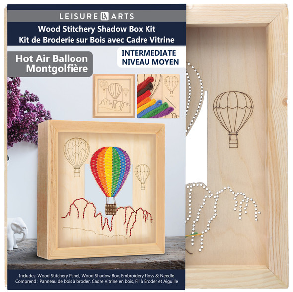 Leisure Arts Kit Wood Stitchery String Art With Shadow Box Hot Air Balloon