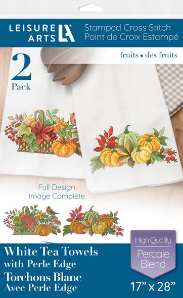 Leisure Arts Stamped Tea Towel With Perle Edge 17"x 28" Fruits 2pc