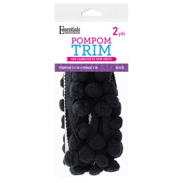 Essentials By Leisure Arts Trim Pom Pom ½ inch Fringe 1 inch Black 2yd
