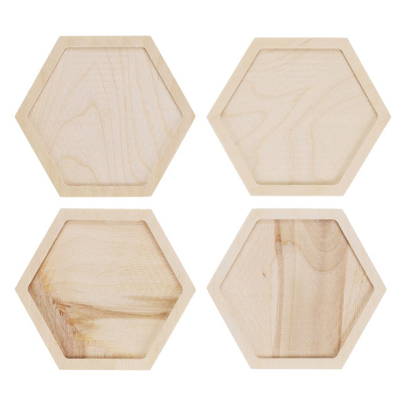 Leisure Arts Welled Wood Surface Coaster Hexagon 4 inch x 4.5 inch 4pc