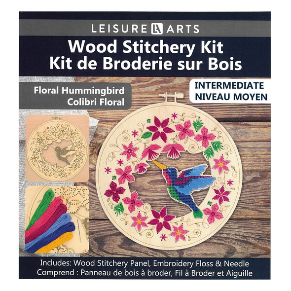 Leisure Arts Kit Wood Stitchery Hoops 9 inch Floral Hummingbird