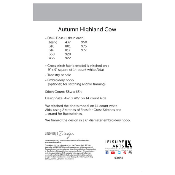 Leisure Arts ePattern XStitch Highland Cow with Leaves