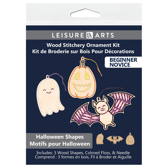 Leisure Arts Kit Wood Stitchery Ornaments 4 inch x 4 inch Halloween 3pc Set