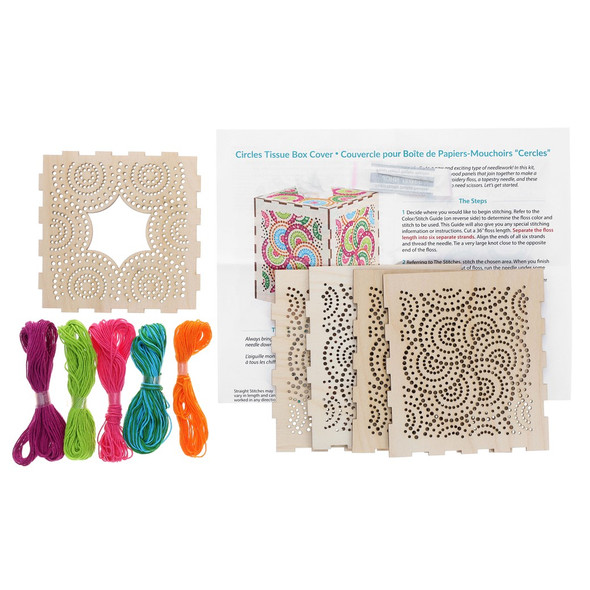 Leisure Arts Kit Wood Stitchery Tissue Box 5.5 inch x 5 inch x 5 inch Square Circle