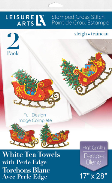 Leisure Arts Stamped Tea Towel With Perle Edge 17"x 28" Sleigh White 2pc