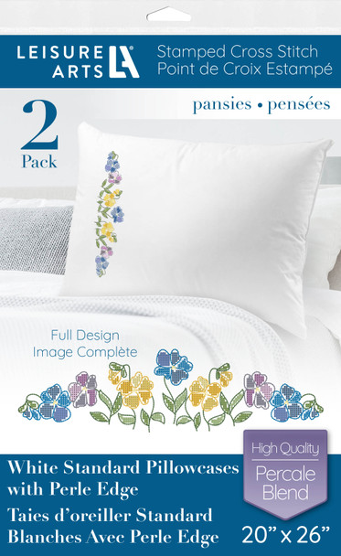 Leisure Arts Stamped Pillowcase With Perle Edge 20"x 26" Pansies 2pc